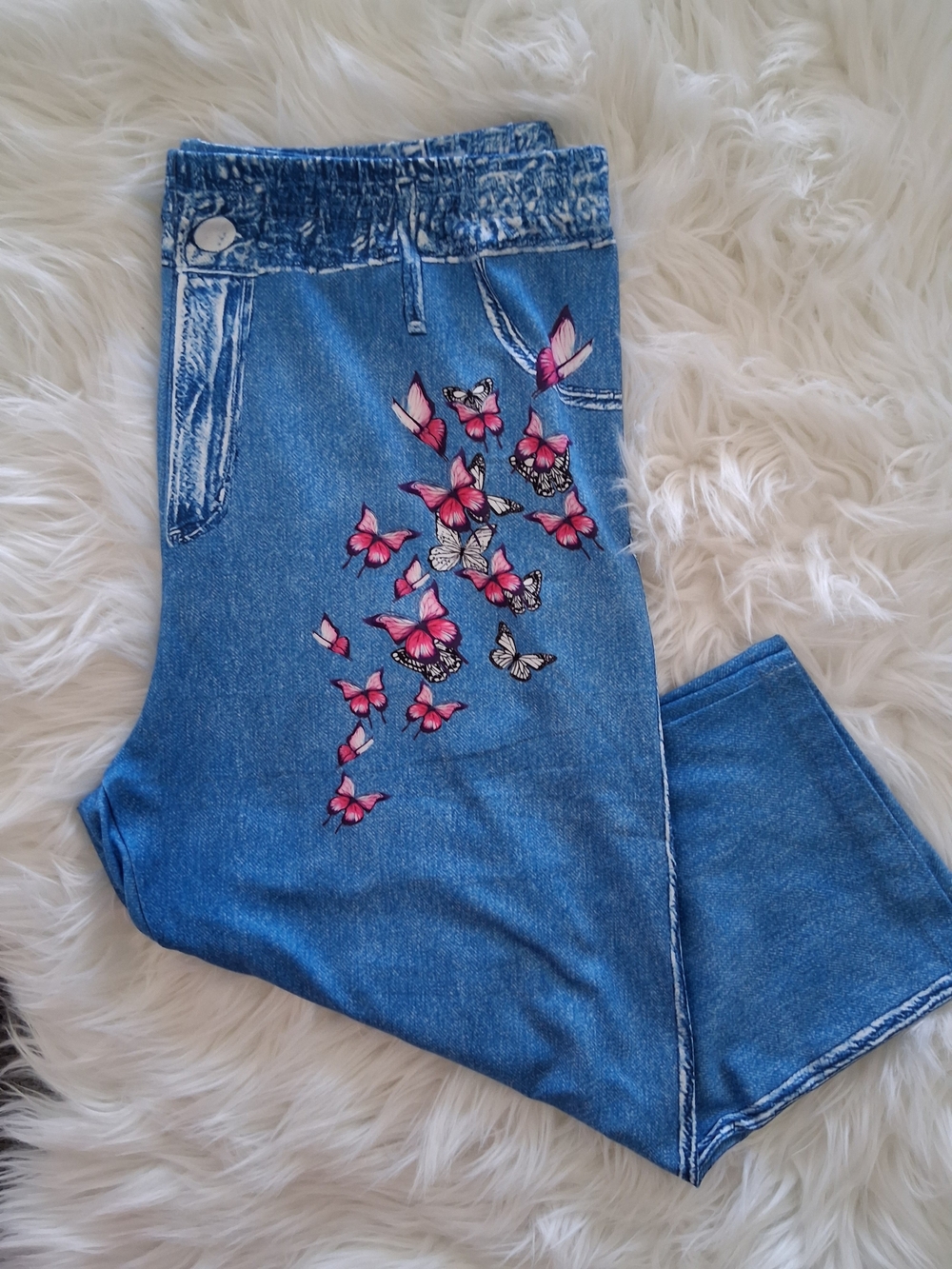 Butterfly Print Capri Pants L Faux Denim Stretch Blue Pink White